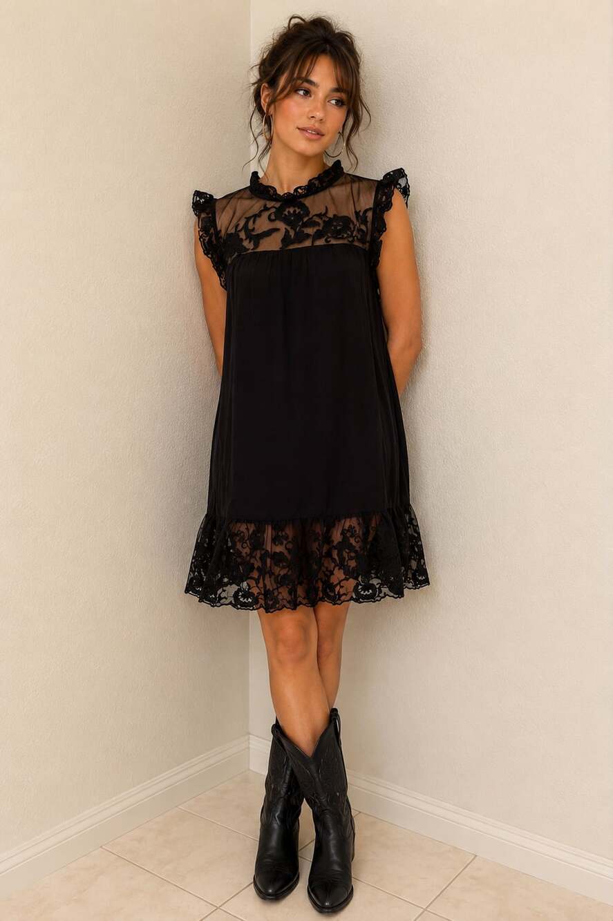 Velvet by Graham & Spencer Embroidered Lace Yoke Ruffle Hem Dress